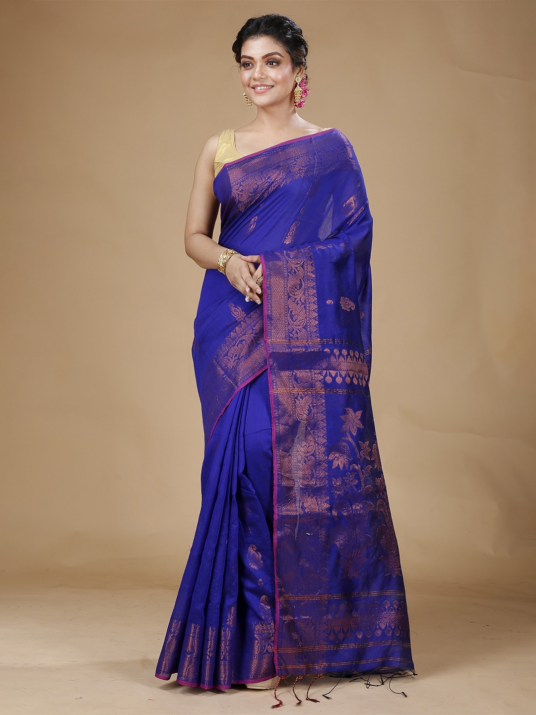 

SLAGHA Ethnic Motifs Printed Zari Jamdani Saree, Blue