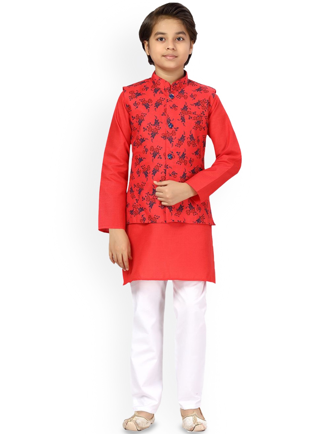 

BAESD Boys Mandarin Collar Pure Cotton Straight Kurta With Pyjamas & Waistcoat, Red