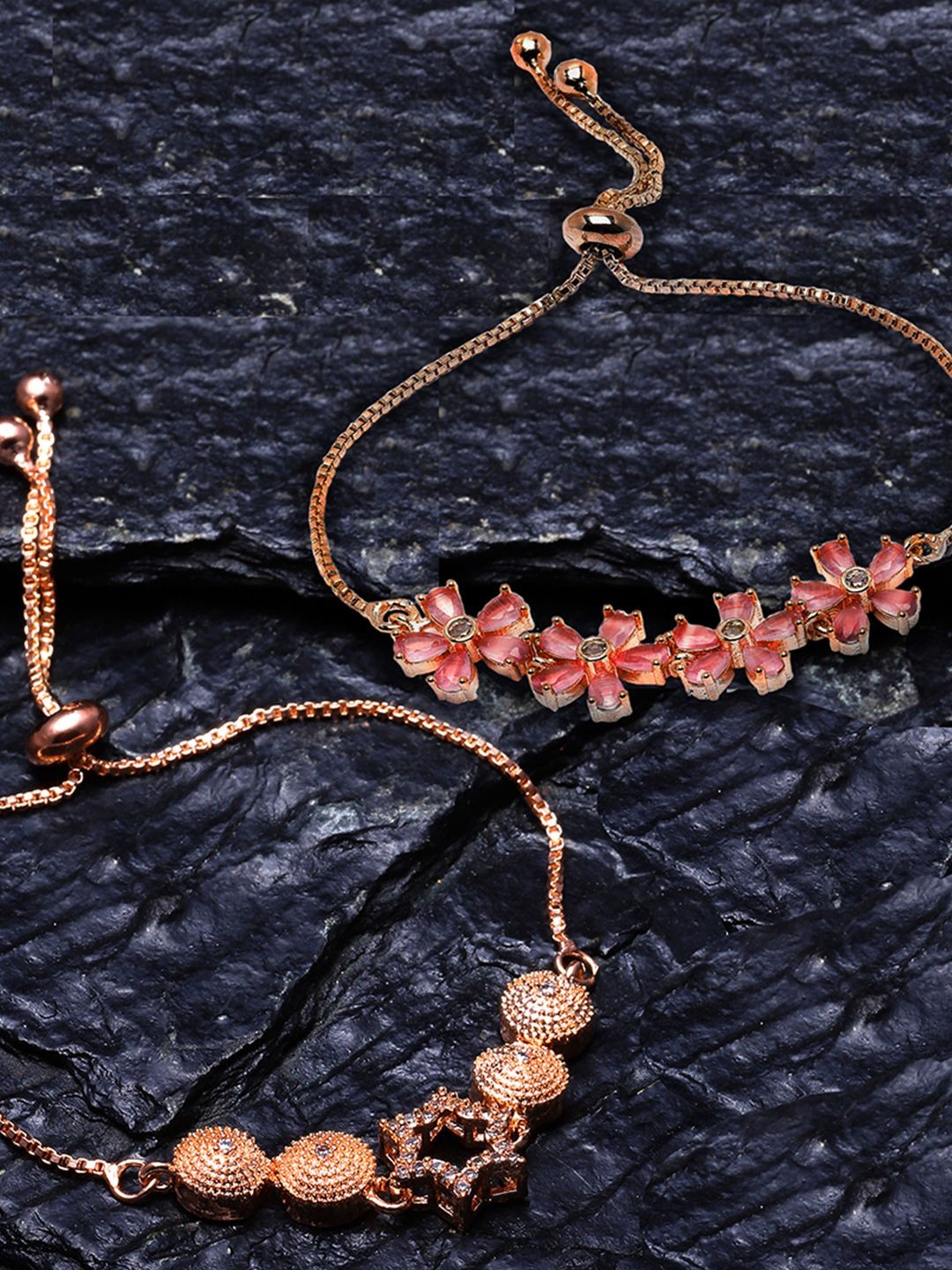 

ZENEME Pack Of 2 Rose Gold-Plated American Diamond Studded Wraparound Bracelet