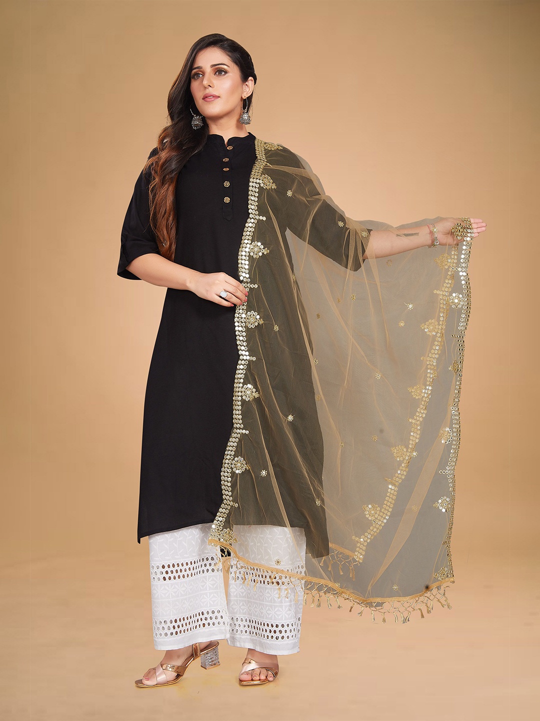 

Rani Saahiba Ethnic Motifs Embroidered Dupatta with Zari, Beige