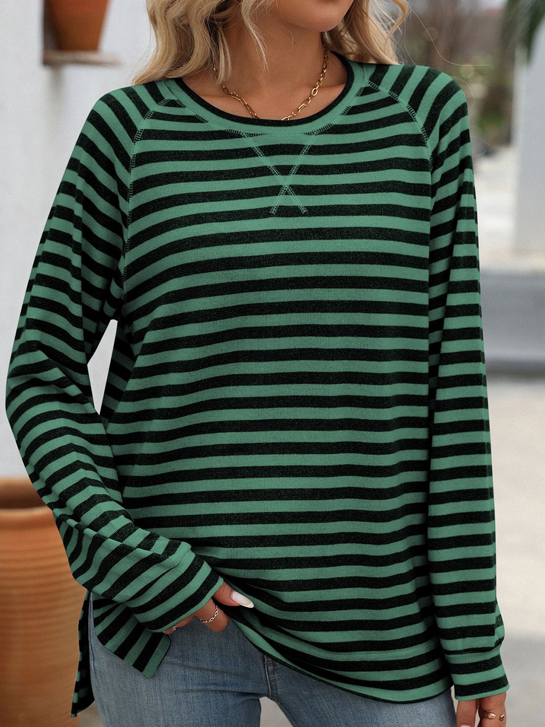 

StyleCast x Revolte Women Horizontal Striped Striped Round Neck Top, Green