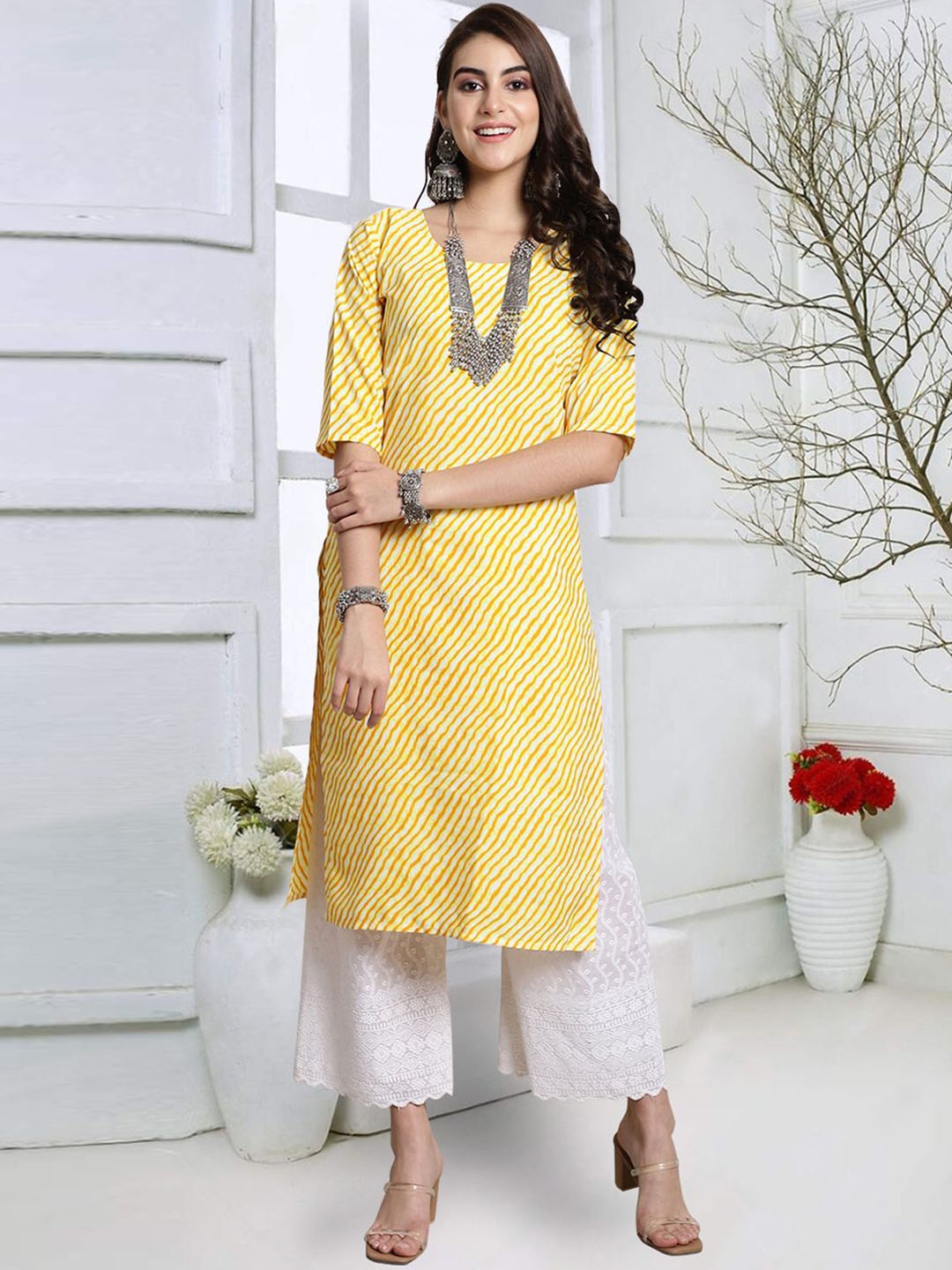 

7Threads Leheriya Printed Straight Kurta, Yellow