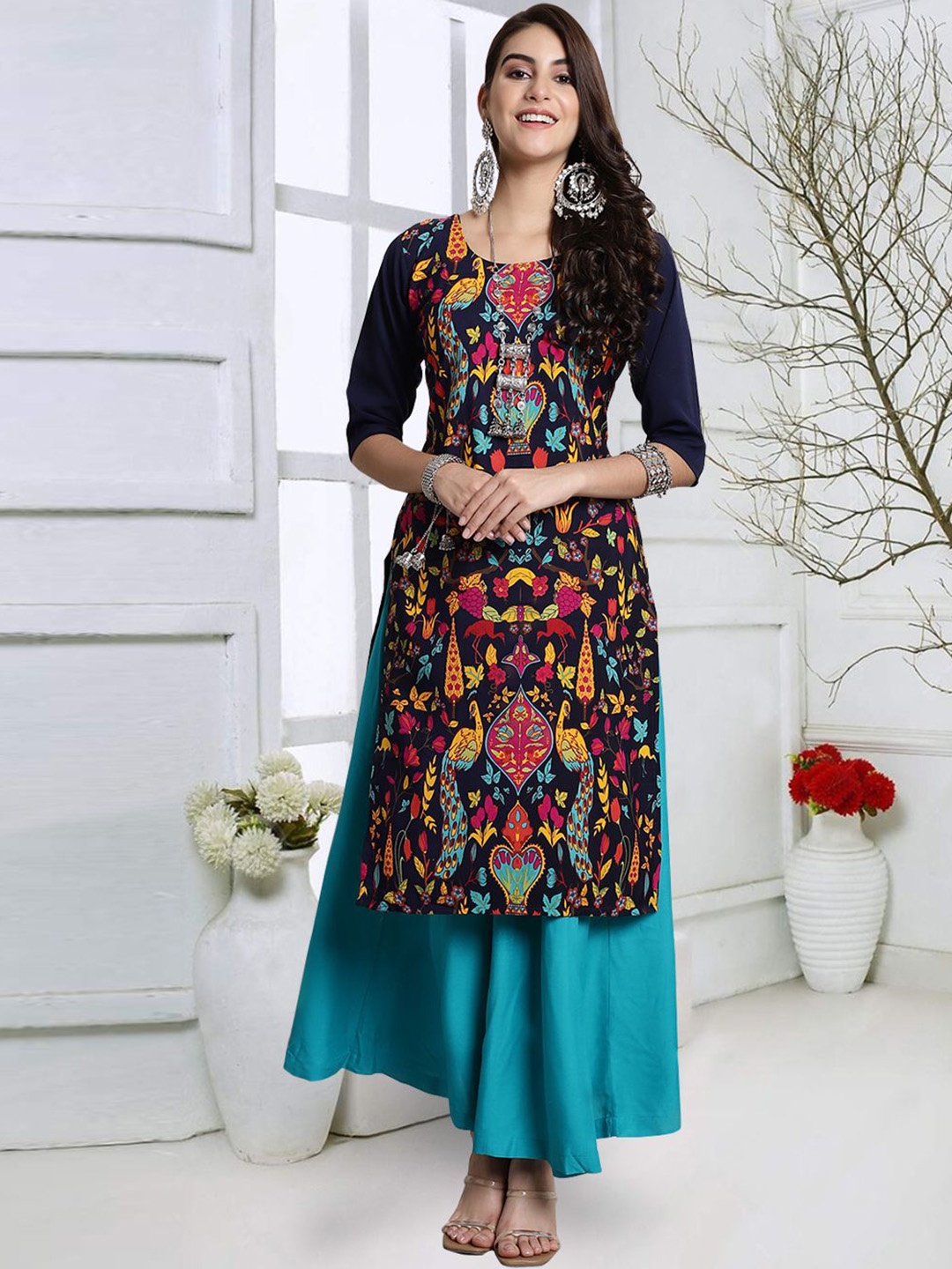 

7Threads Ethnic Motifs Printed Round Neck Short Sleeves Straight Kurta, Navy blue