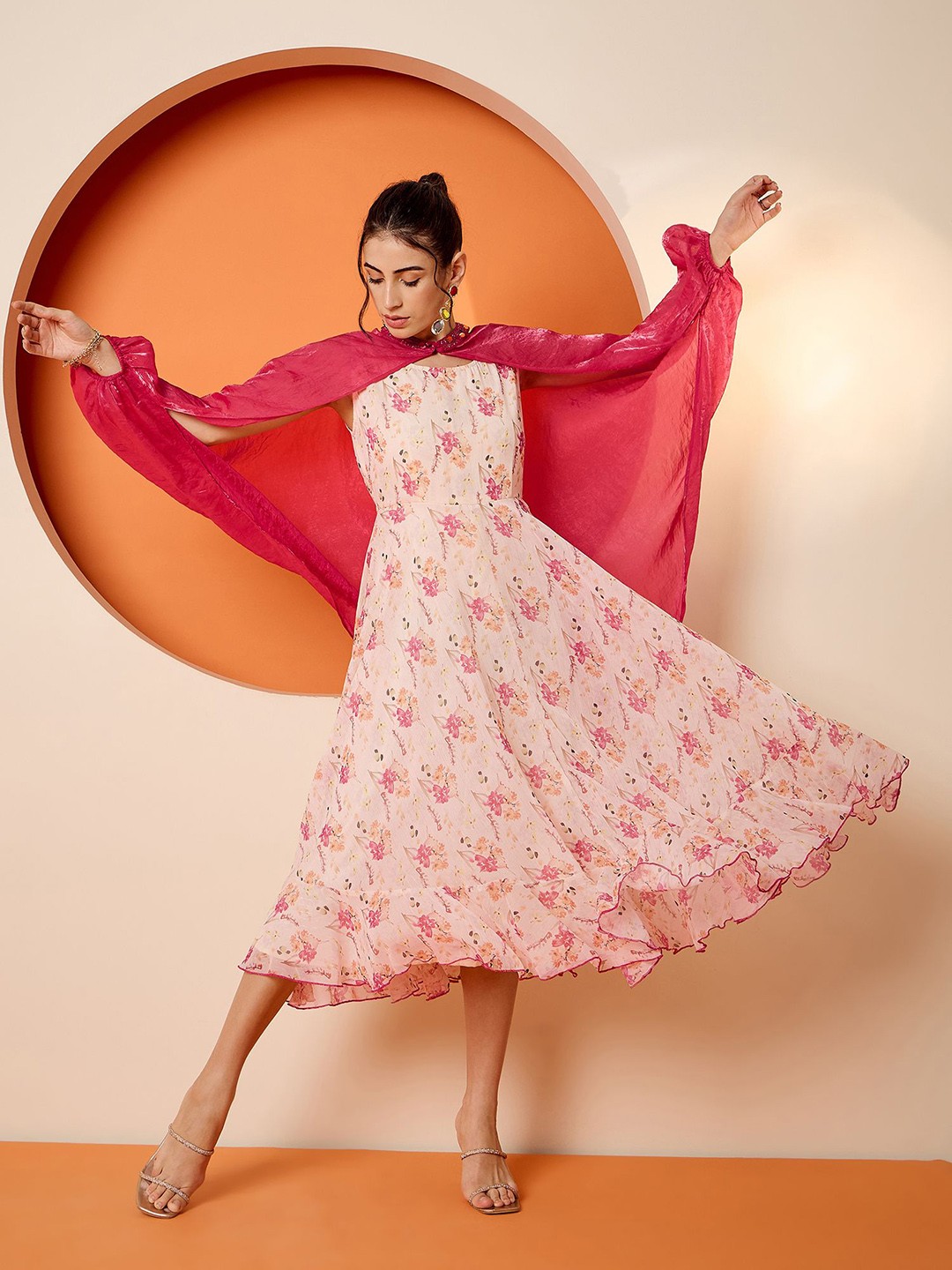 

Antheaa Floral Printed A-Line Midi Dress and Embellished Shrug, Cream