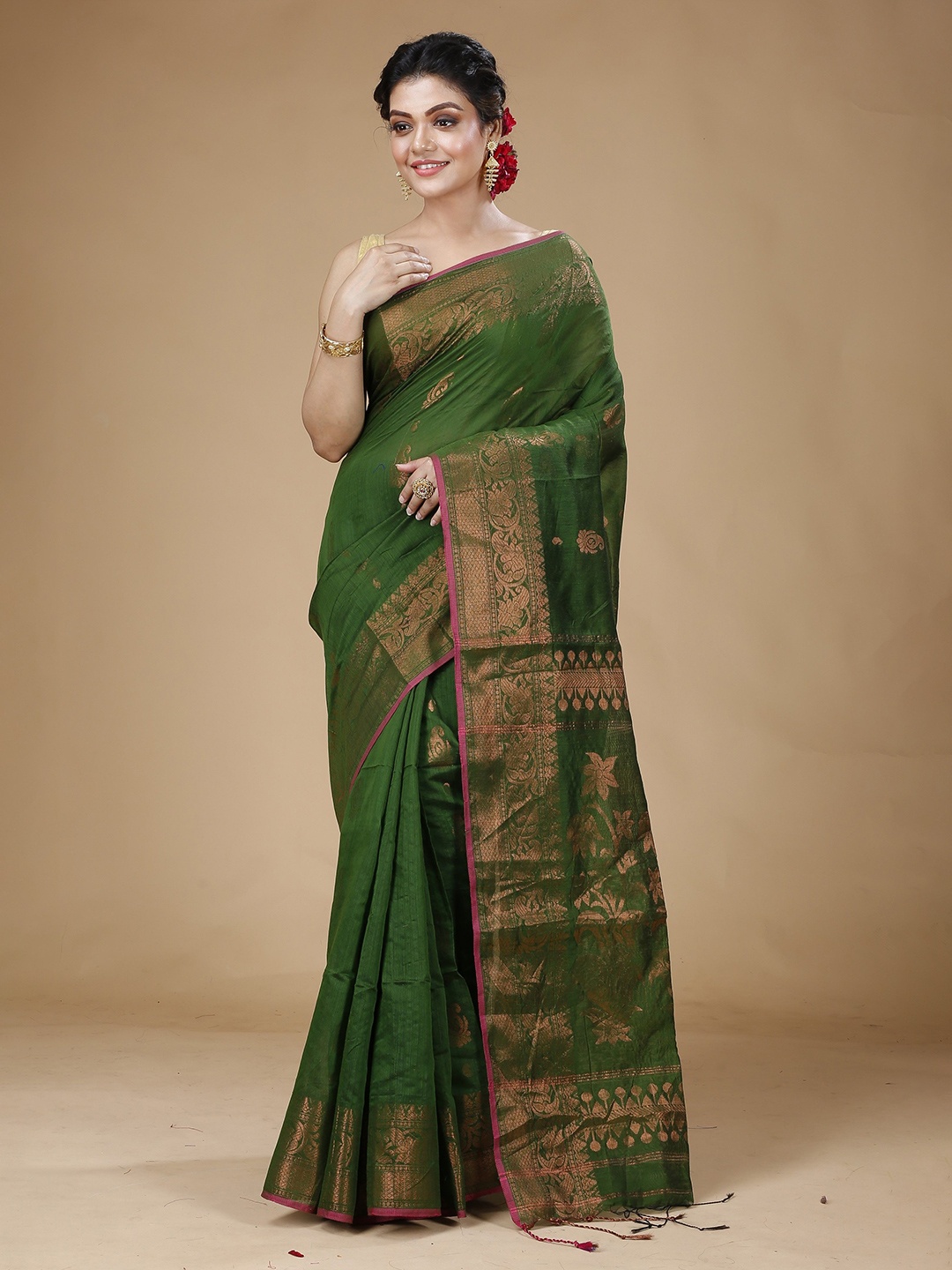 

SLAGHA Woven Design Zari Jamdani Saree, Green