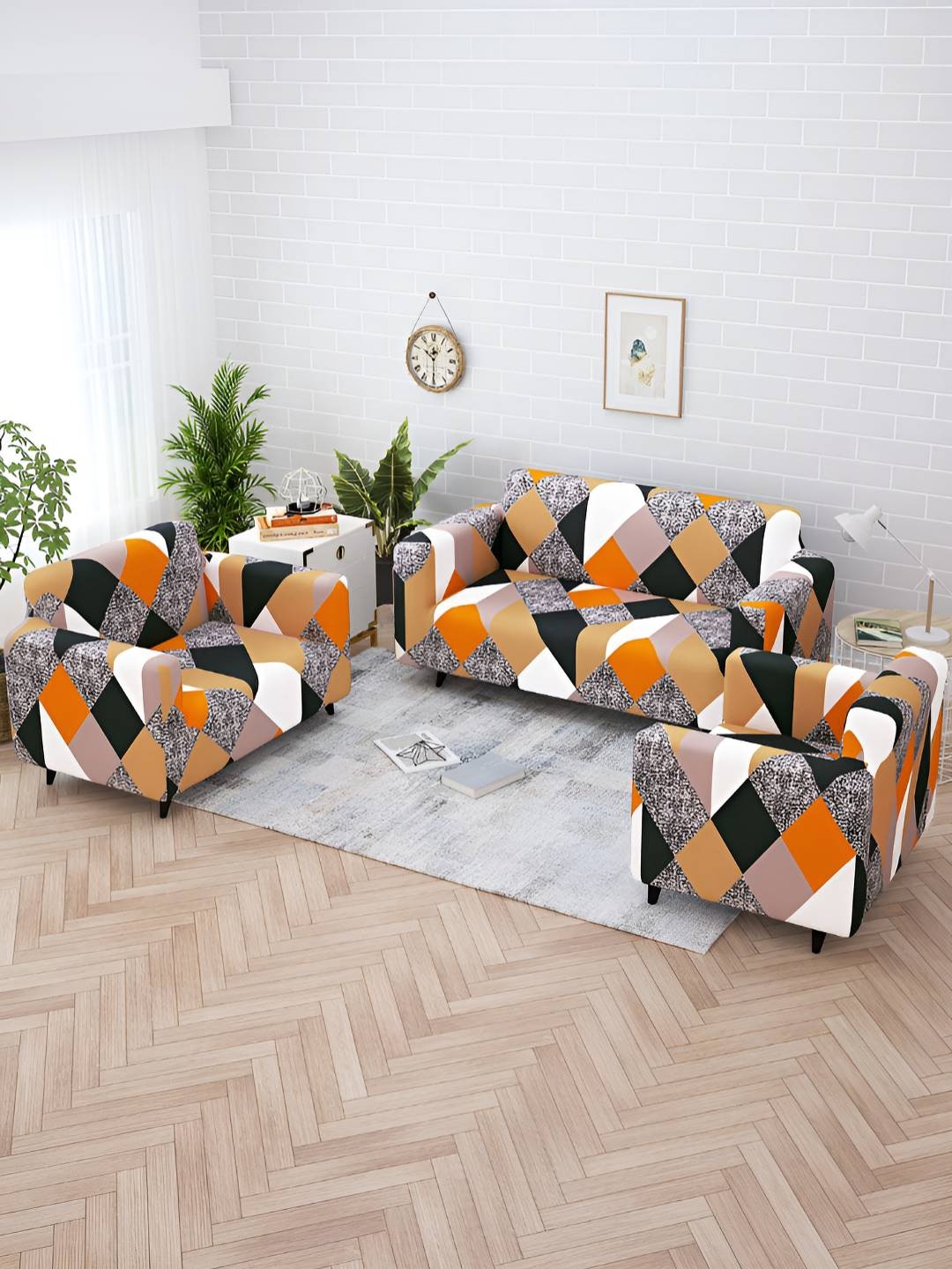 

Story@home Orange & Beige Printed 6 Seater Stretchable Sofa Cover With Arms