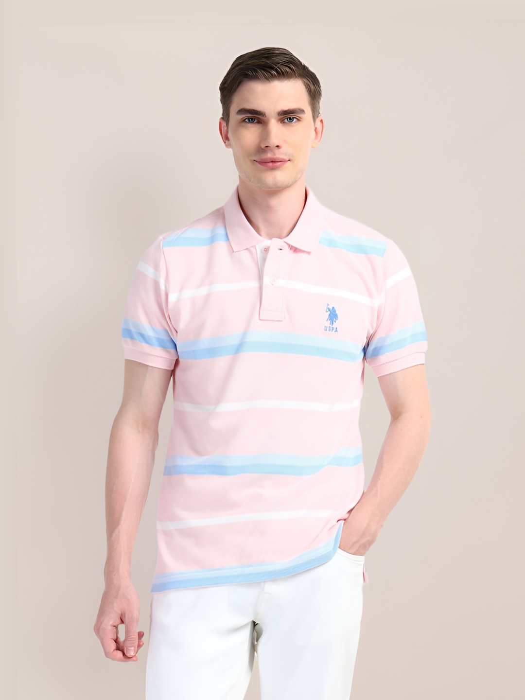 

U.S. Polo Assn. Men Striped Polo Collar Pockets Slim Fit T-shirt, Pink