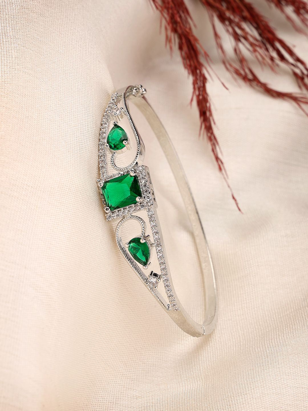 

ZENEME Rhodium-Plated American Diamond Bangle-Style Bracelet, Silver