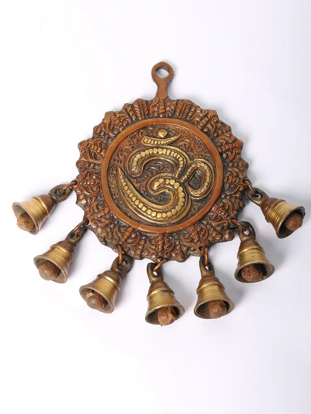 

Exotic India 9" Brass OM Wall Hanging with Bells, Brown