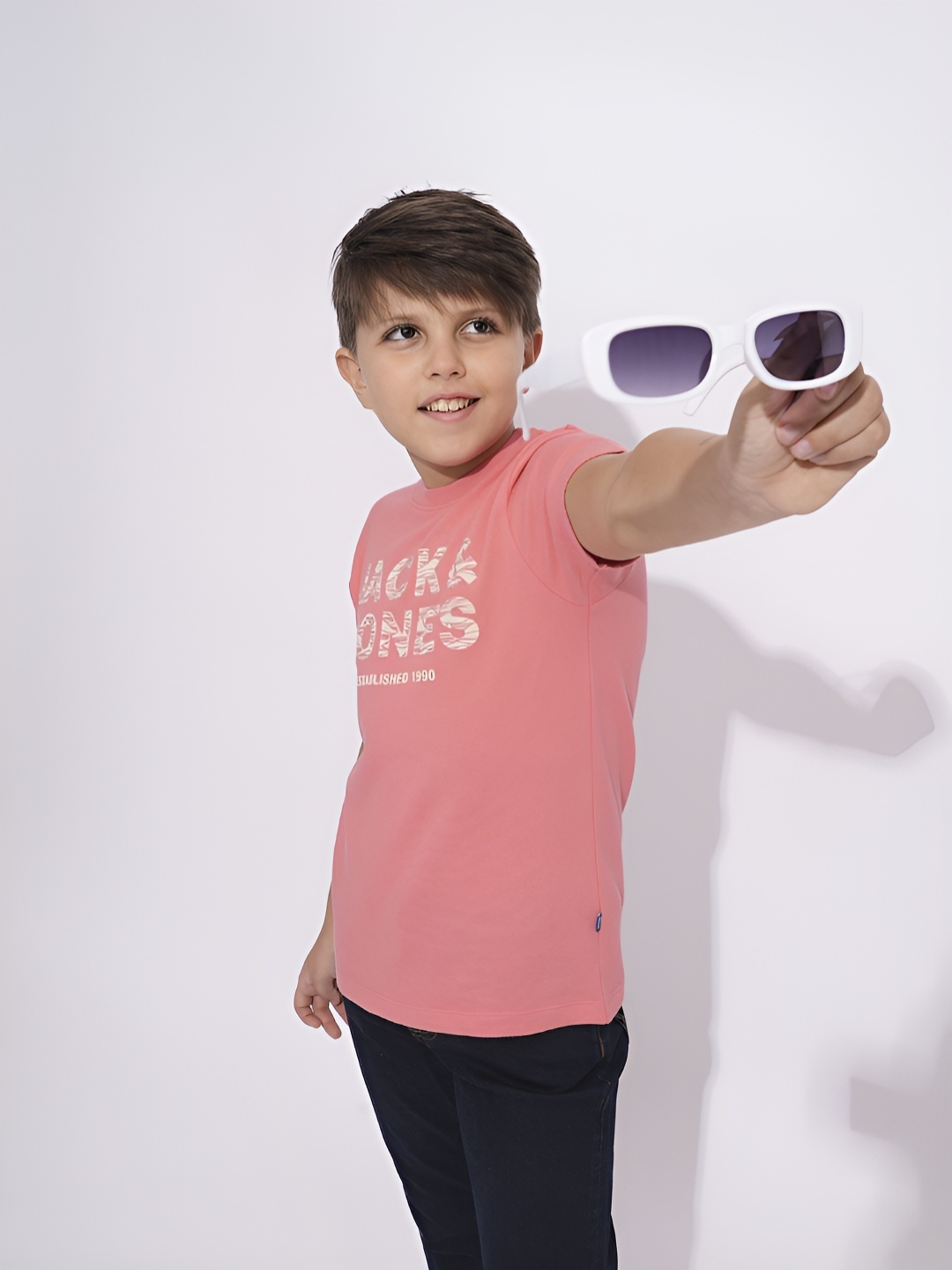 

Jack & Jones Junior Boys Typography Printed Round Neck Pure Cotton T-shirt, Pink