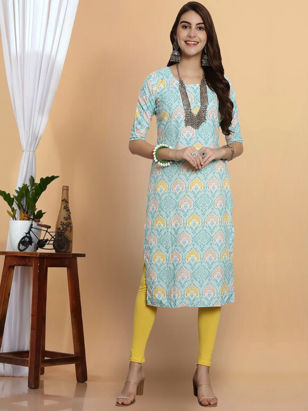 

7Threads Ethnic Motifs Printed Round Neck Short Sleeves Straight Kurta, Blue