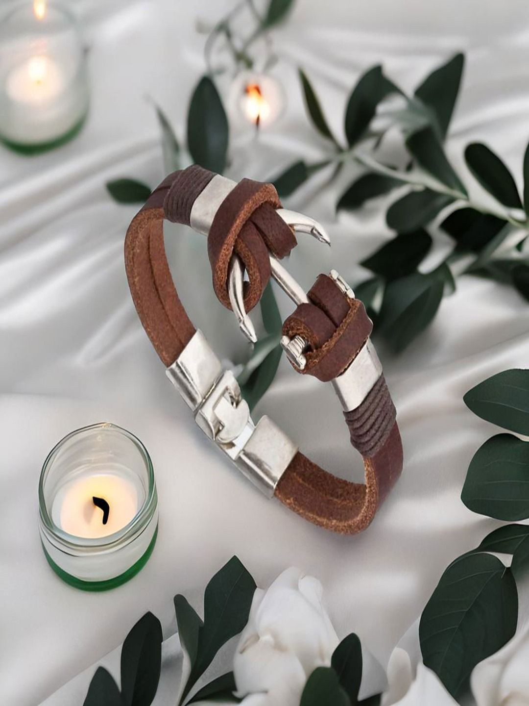 

UNIVERSITY TRENDZ Men Silver Plated Anchor Leather Wraparound Bracelet