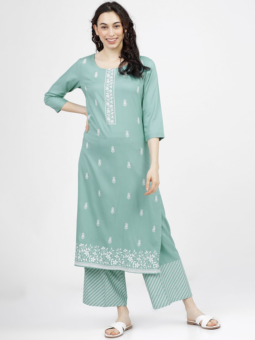 

Vishudh Women Ethnic Motifs Keyhole Neck Flared Sleeves Mirror Work Kurta, Sea green