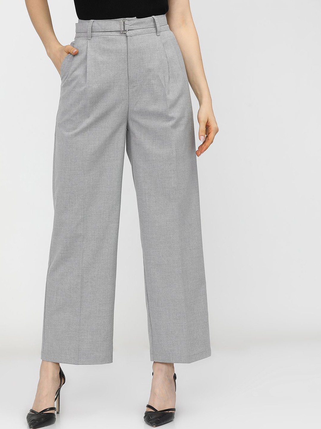 

Tokyo Talkies Women Mid-Rise Textured Flared Pleated Trousers, Grey