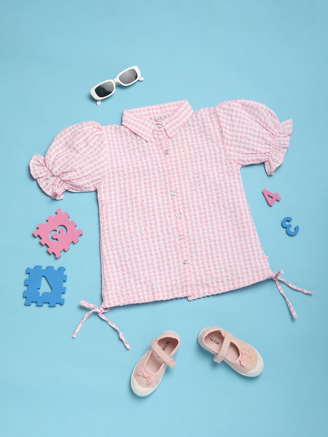 

V-Mart Girls Checked Geometric Print Shirt Collar Cotton Top, Pink