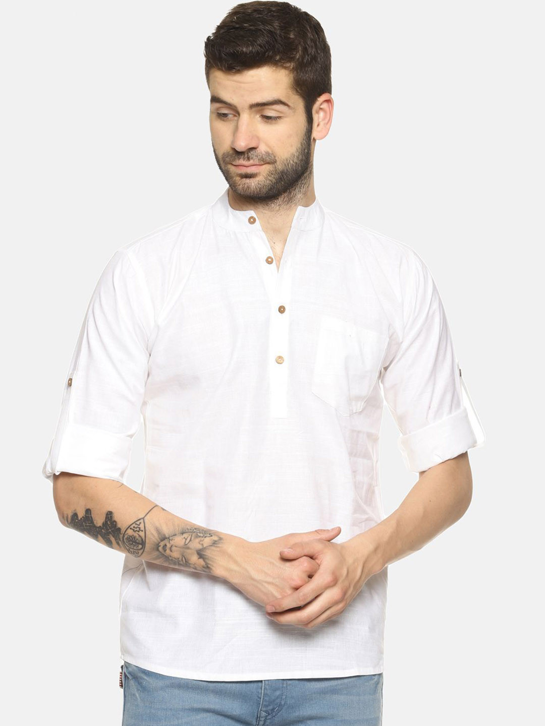 

PAROKSH Men Mirror Work White Romance Khadi Handloom Kurta