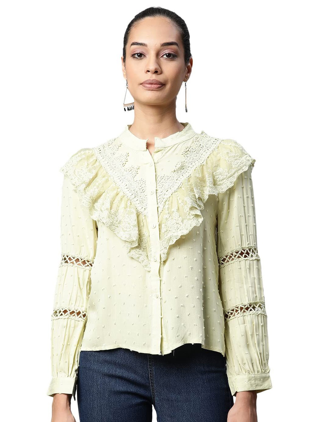 

Global Republic Women Classic Mandarin Collar Schiffli Casual Shirt, Green