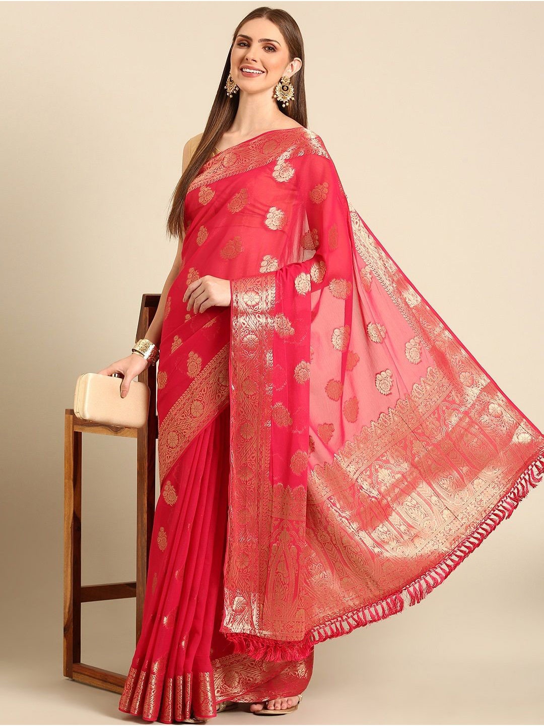 

all about you Woven Design Zari Pure Chiffon Saree, Red