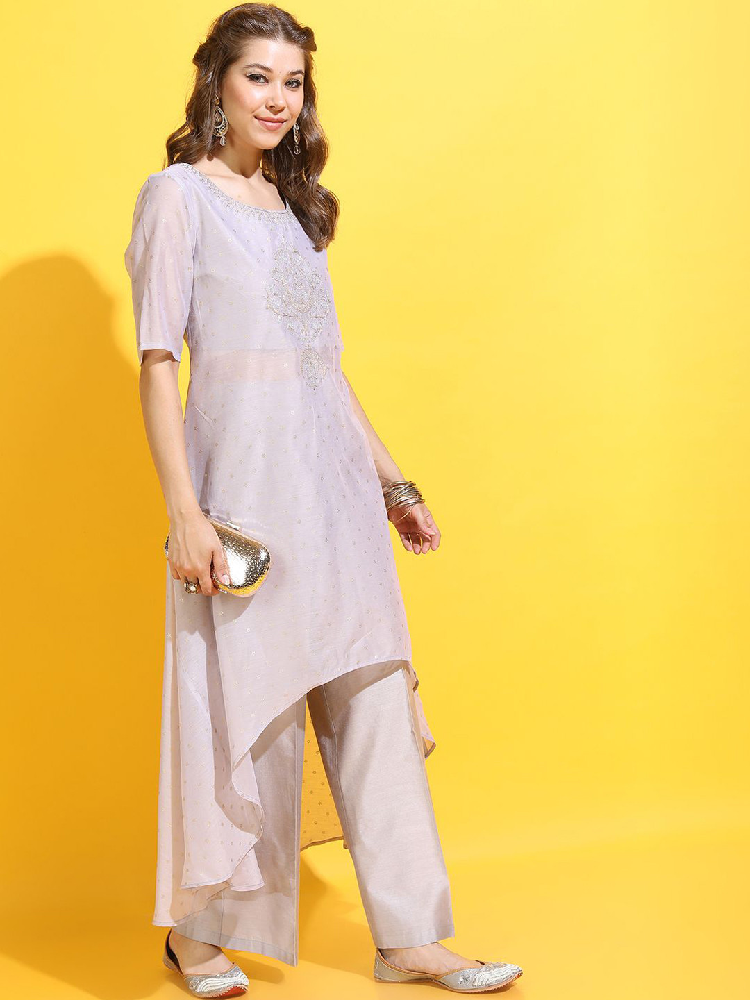 

Vishudh Women Ethnic Motifs Printed Regular Chanderi Cotton Kurta with Palazzos, Grey