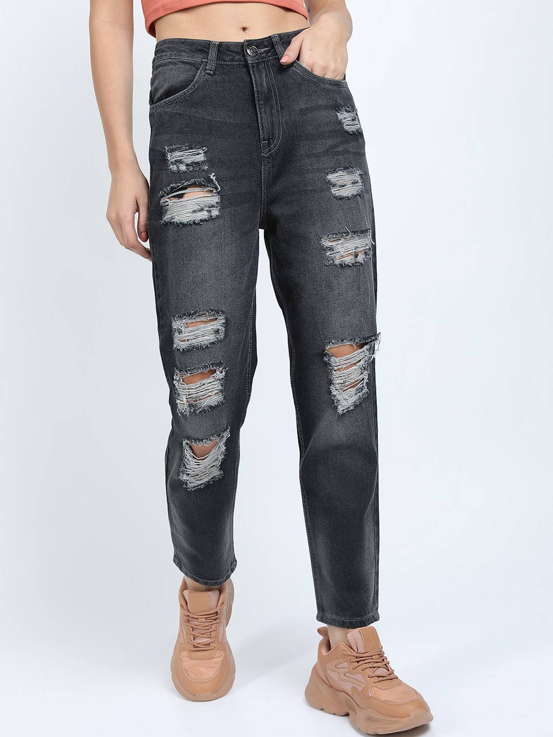 

Tokyo Talkies Women Highly Distressed Light Fade Mom Fit Jeans, Grey