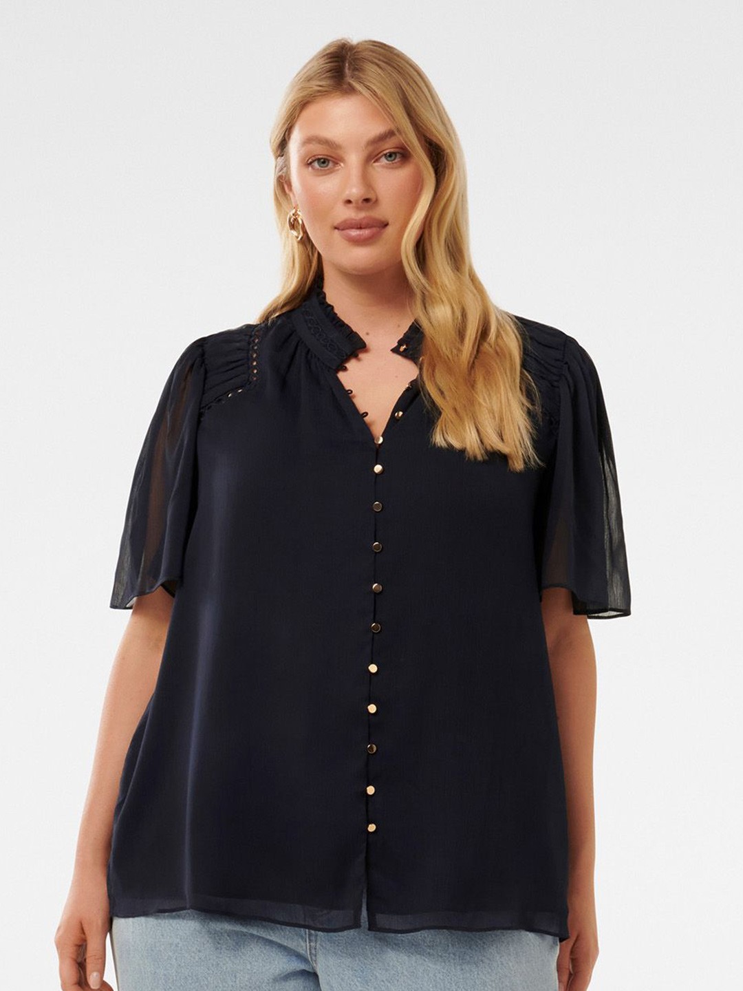 

Forever New Women Solid Shirt Collar Top, Navy blue