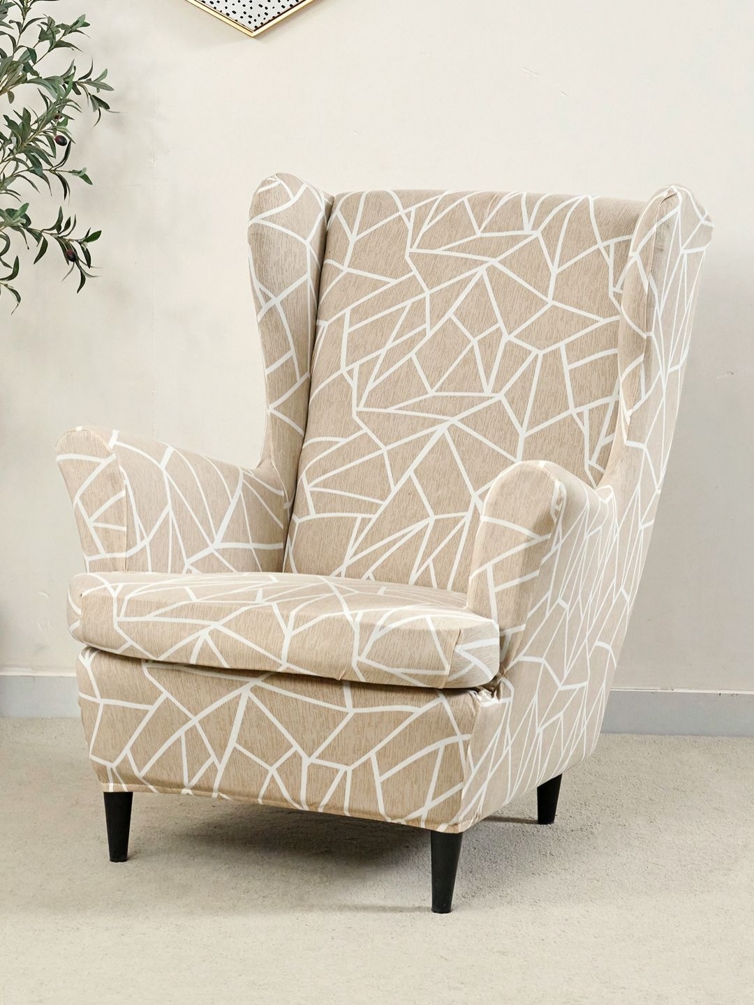 

HOKIPO Beige Printed Wing Chair Cover