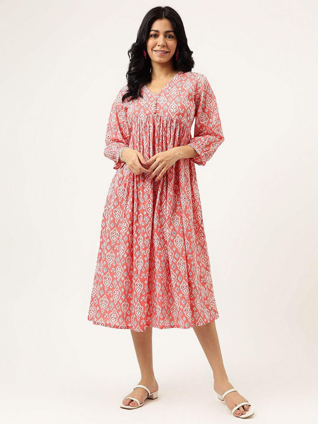 

SPARSA Ethnic Motif Empire Midi Dress, Peach