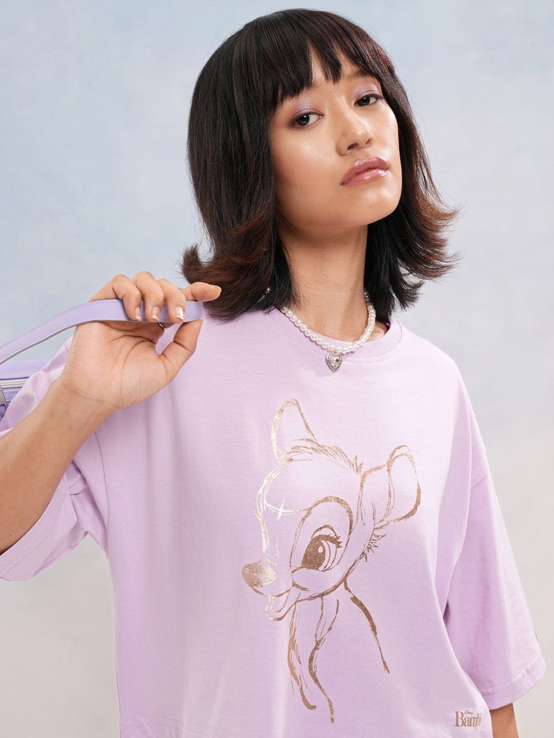 

Tokyo Talkies Women Bambi Foil Printed Boxy Fit Crop Tshirt, Lavender