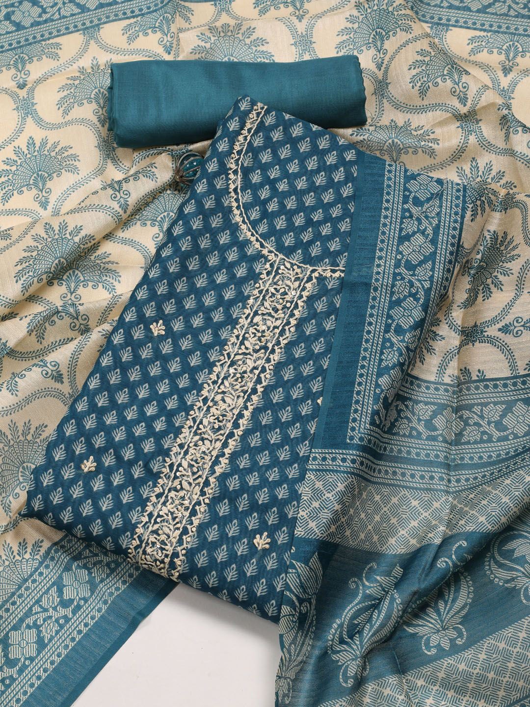 

Meena Bazaar Printed Art Silk Unstitched Dress Material, Blue