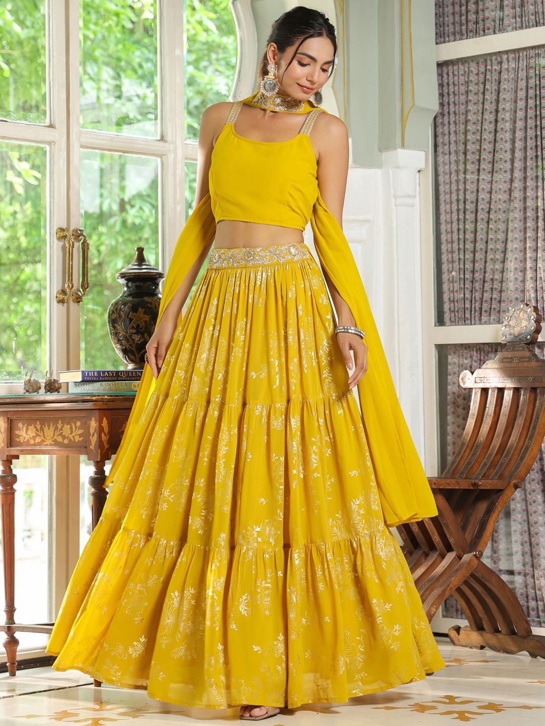 

Janasya Women Georgette Embellished Foil Printed Tiered Lehenga Choli Set, Yellow