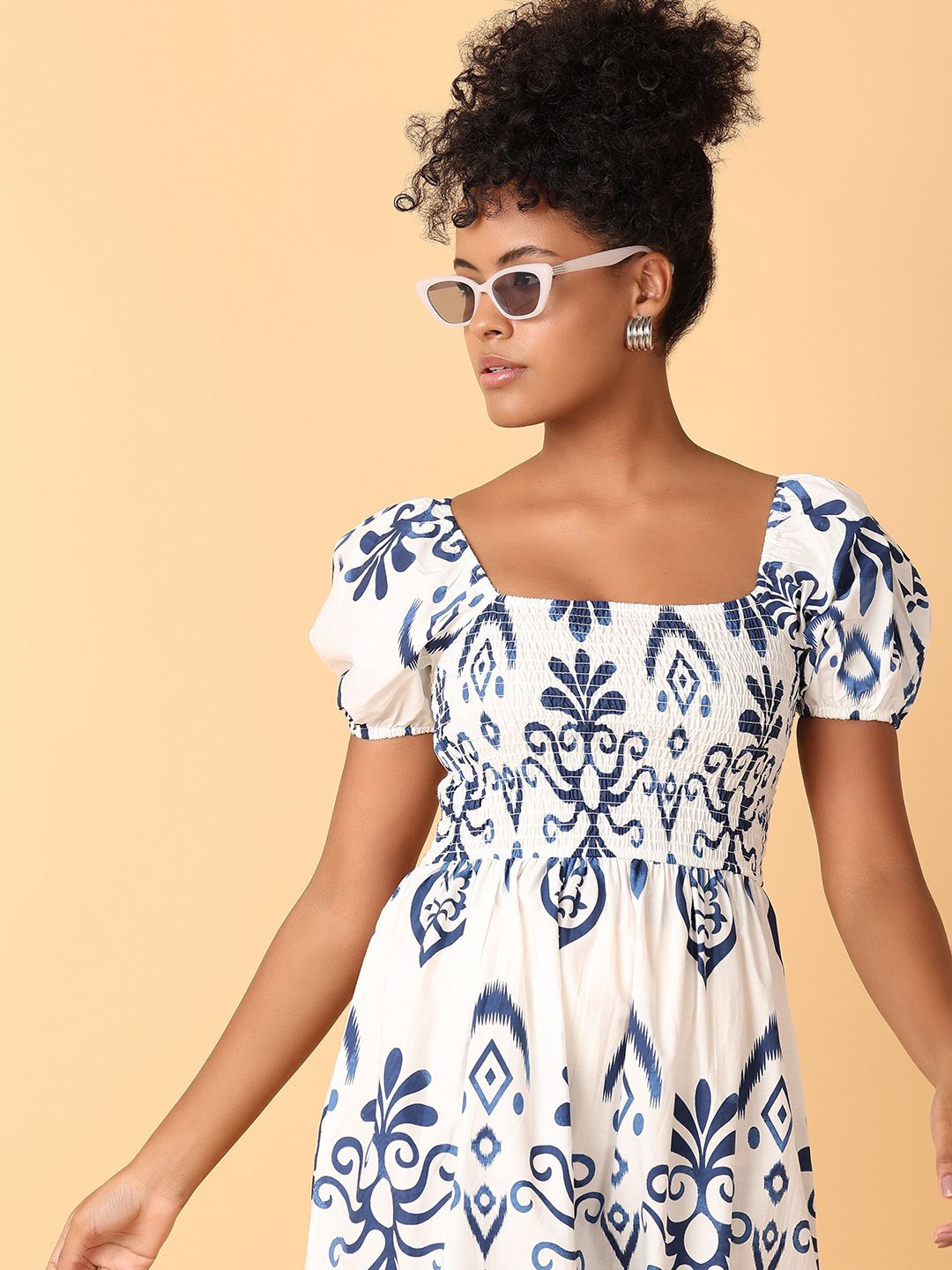

UNLIMITED Floral Print Puff Sleeve Fit & Flare Dress, Off white