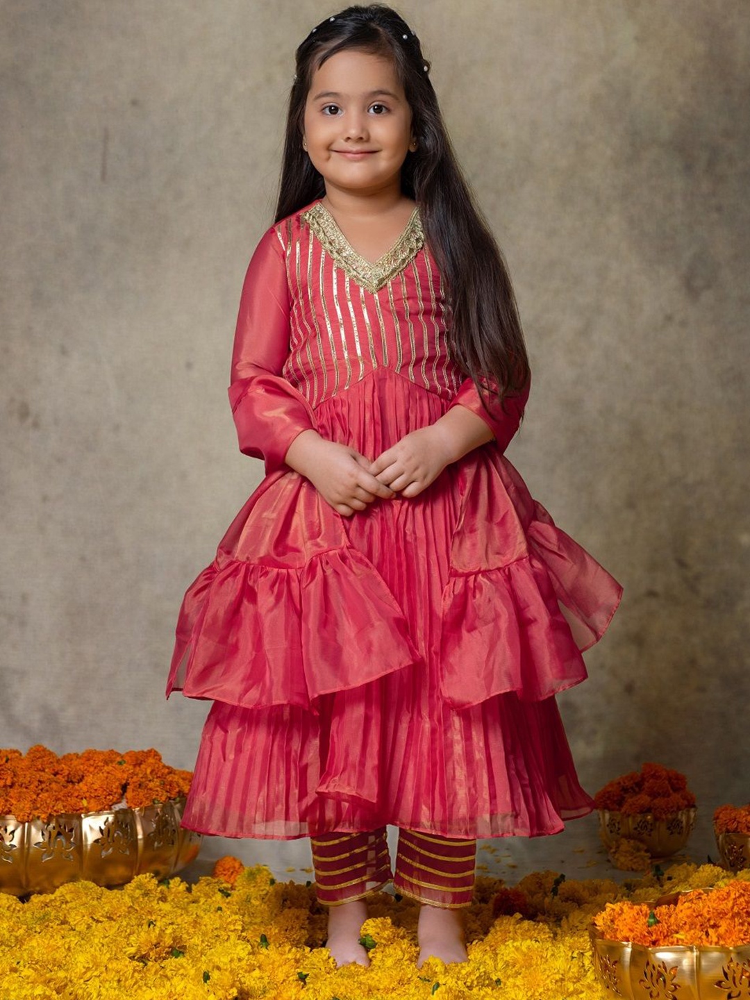 

Vivedkids Girls Embroidered Anarkali Kurta with Trousers, Pink