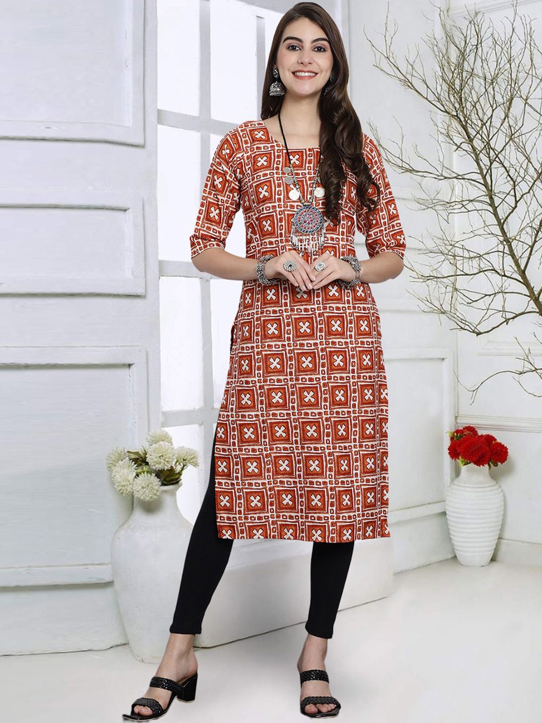 

KALINI Floral Printed Round Neck Three-Quarte Sleeves Straight Kurta, Brown