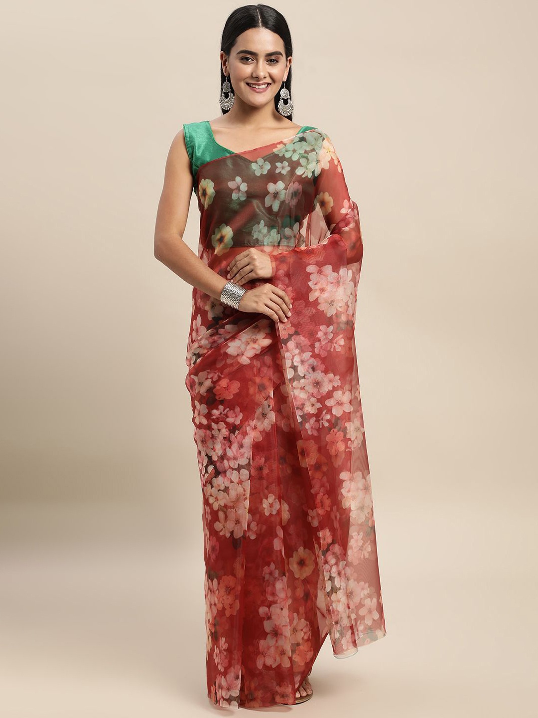 

KIMISHA Floral Organza Saree, Maroon