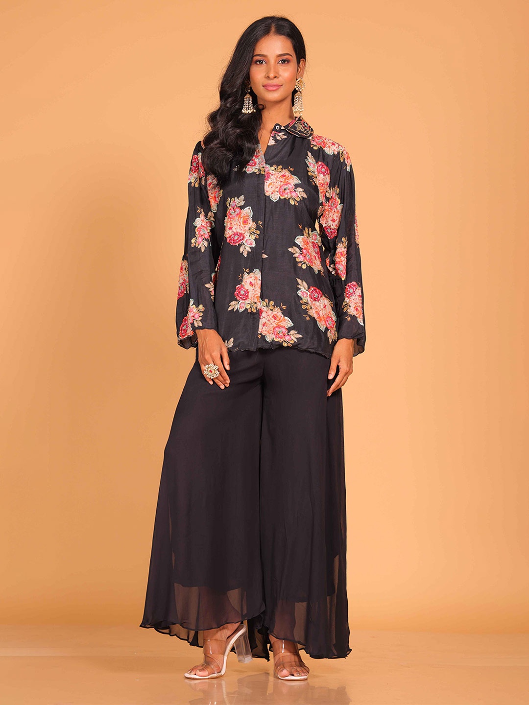 

Morchari Embellished Shirt With Palazzo, Black