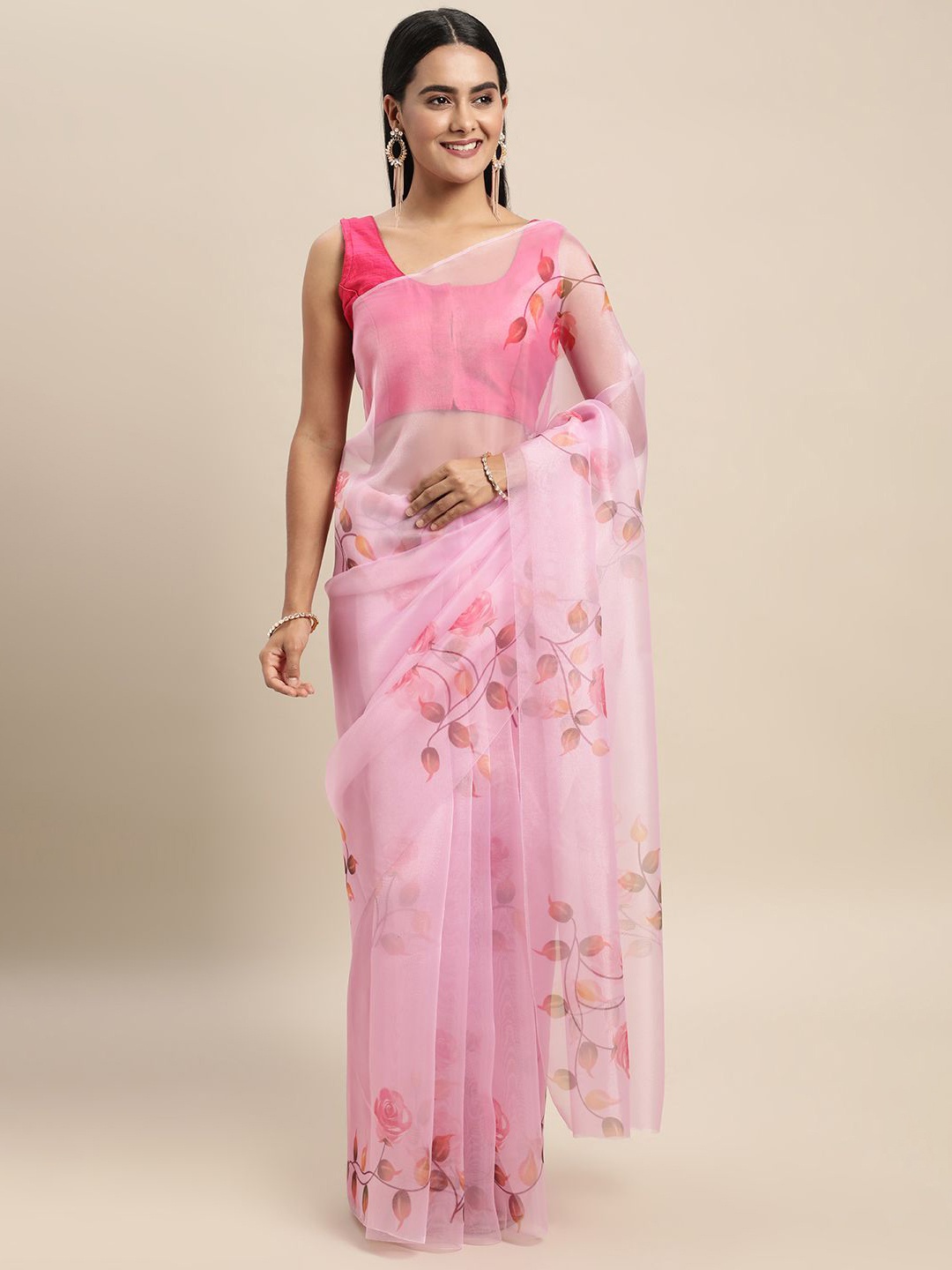 

KIMISHA Floral Printed Organza Saree, Pink