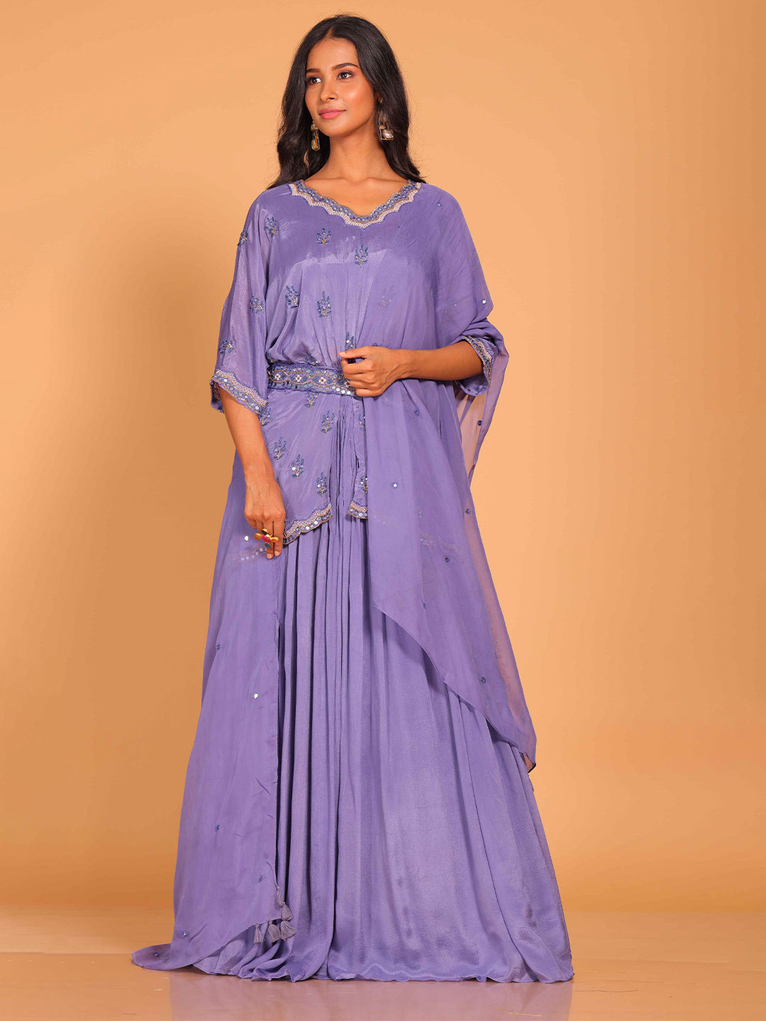 

Morchari Embroidered Crop Top With Skirt & Dupatta, Purple