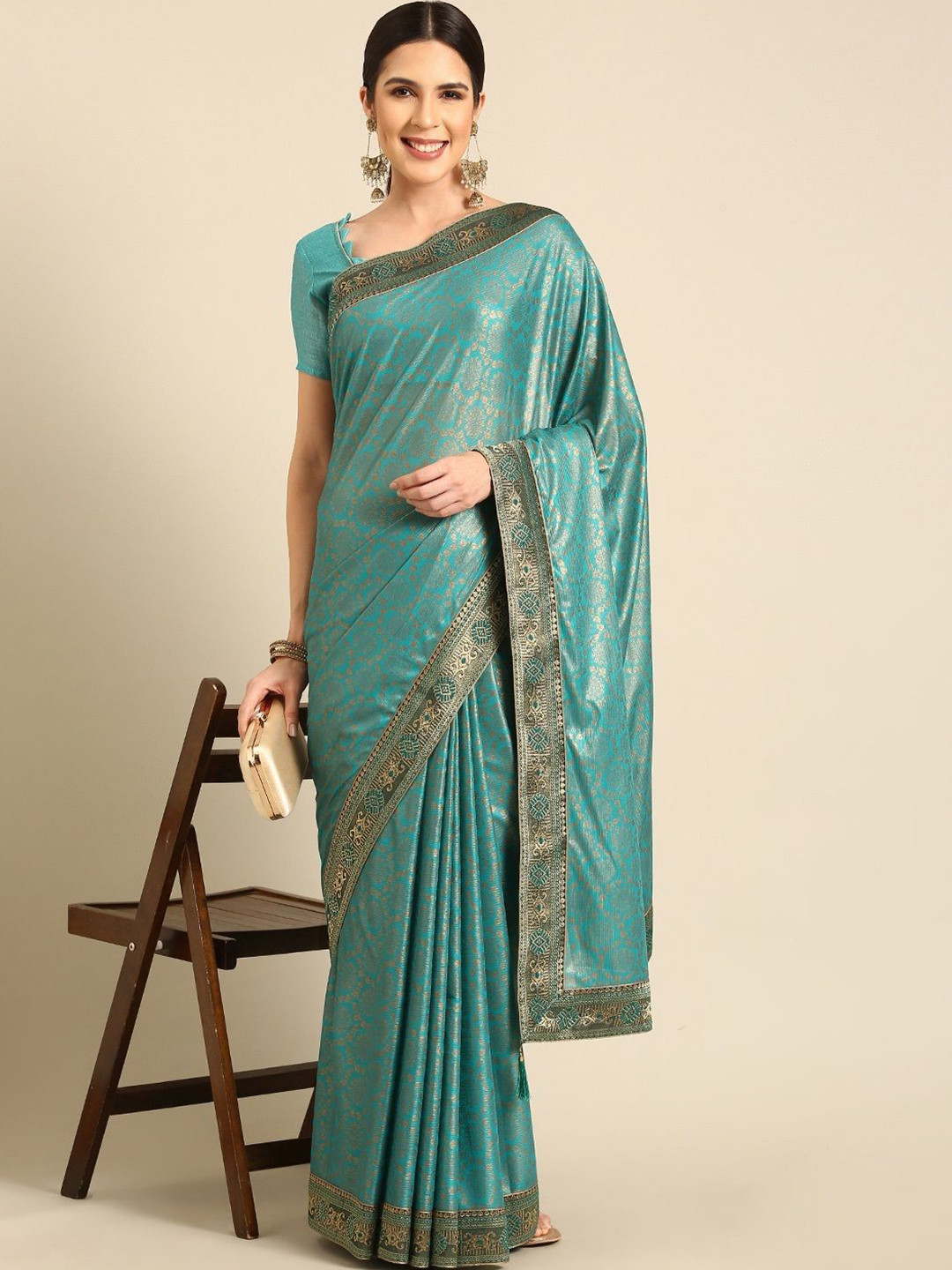

all about you Floral Silk Blend Saree, Turquoise blue