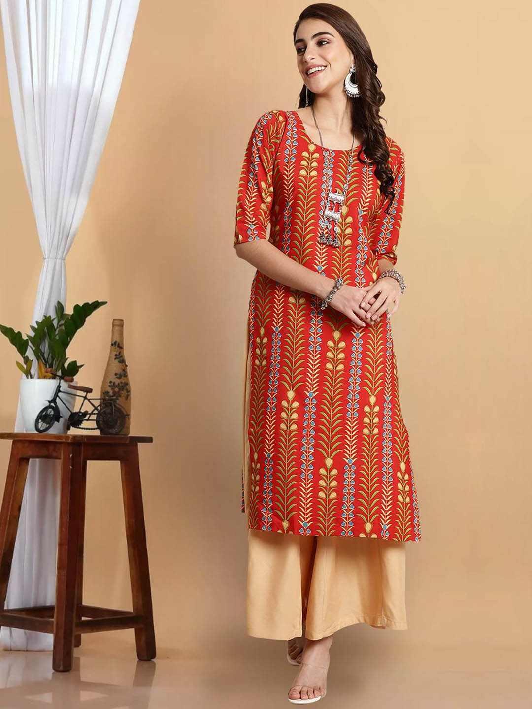 

7Threads Floral Printed Straight Kurta, Red