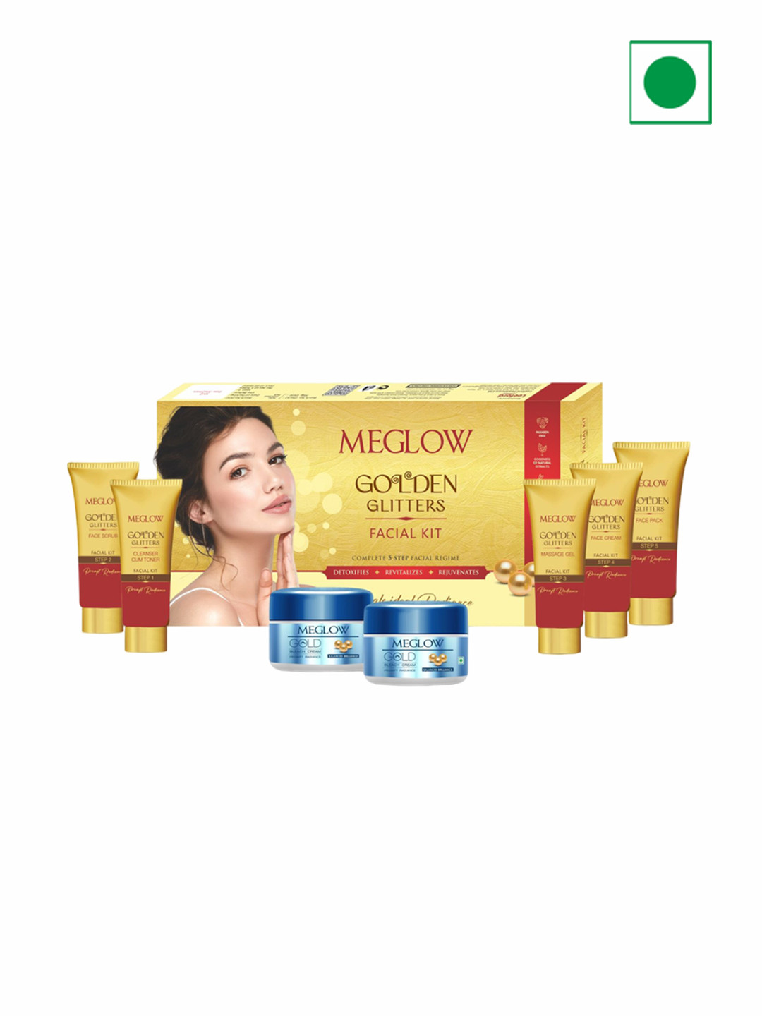 

MEGLOW Golden Glitters Facial Kit + 2 Gold Bleach Cream For Revitalizing Skin - 105g, Yellow