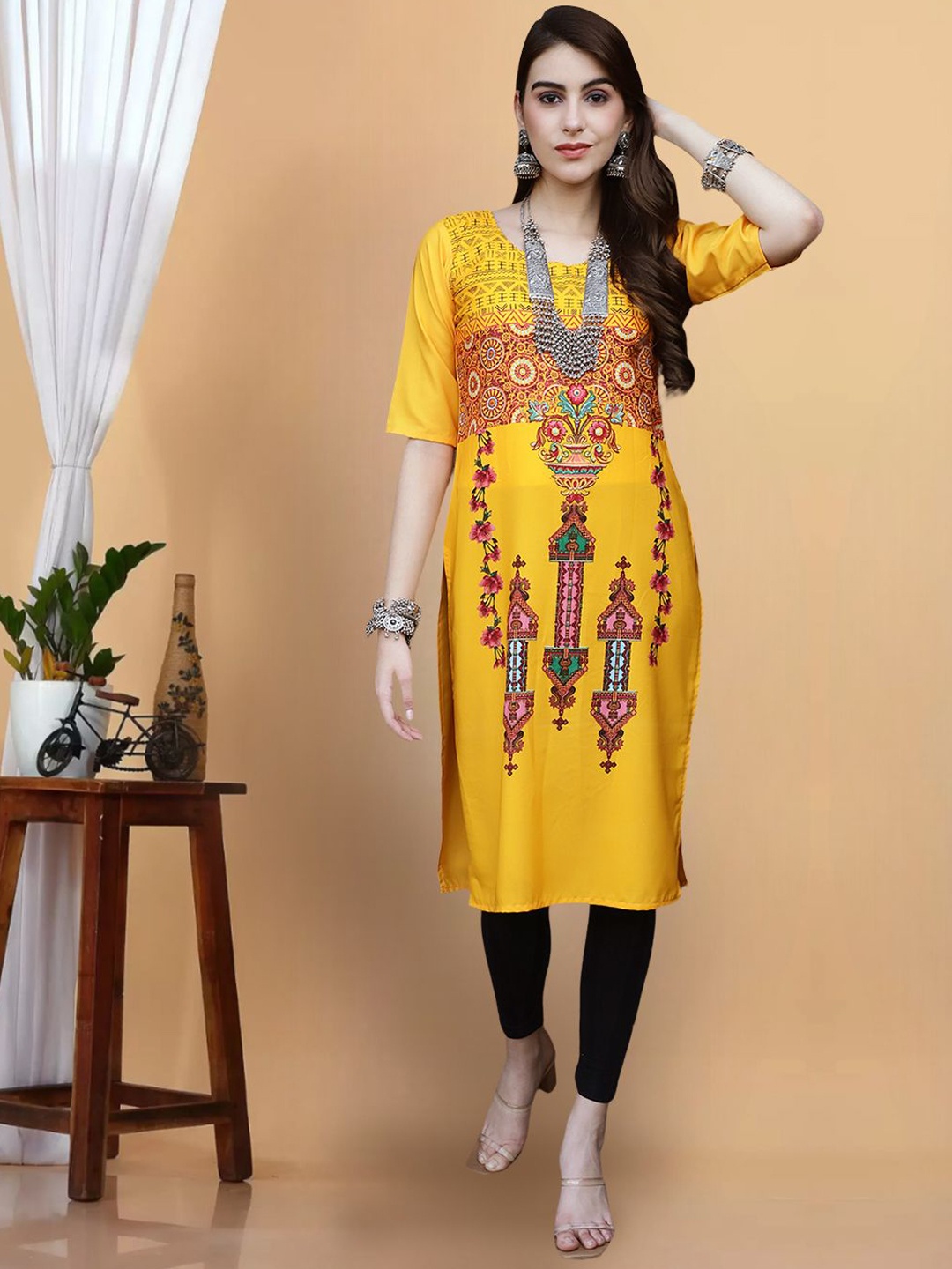 

1 Stop Fashion premium Abstract Printed Straight Kurta, Yellow