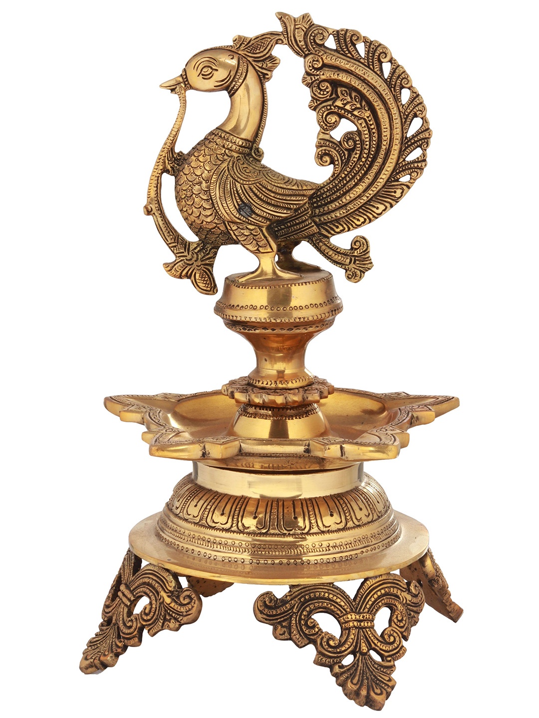 

Exotic India 13" Puja Lamp with a Large Peacock atop in Brass, Gold