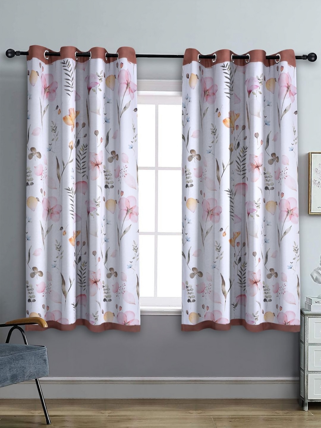 

Aura White & Pink Set of 2 Floral Black Out Window Curtain