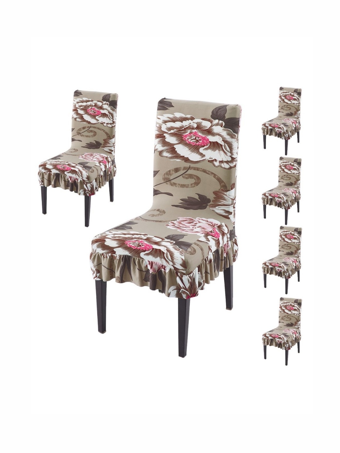 

HOKIPO Set Of 6 Brown Printed Frill Chair Covers