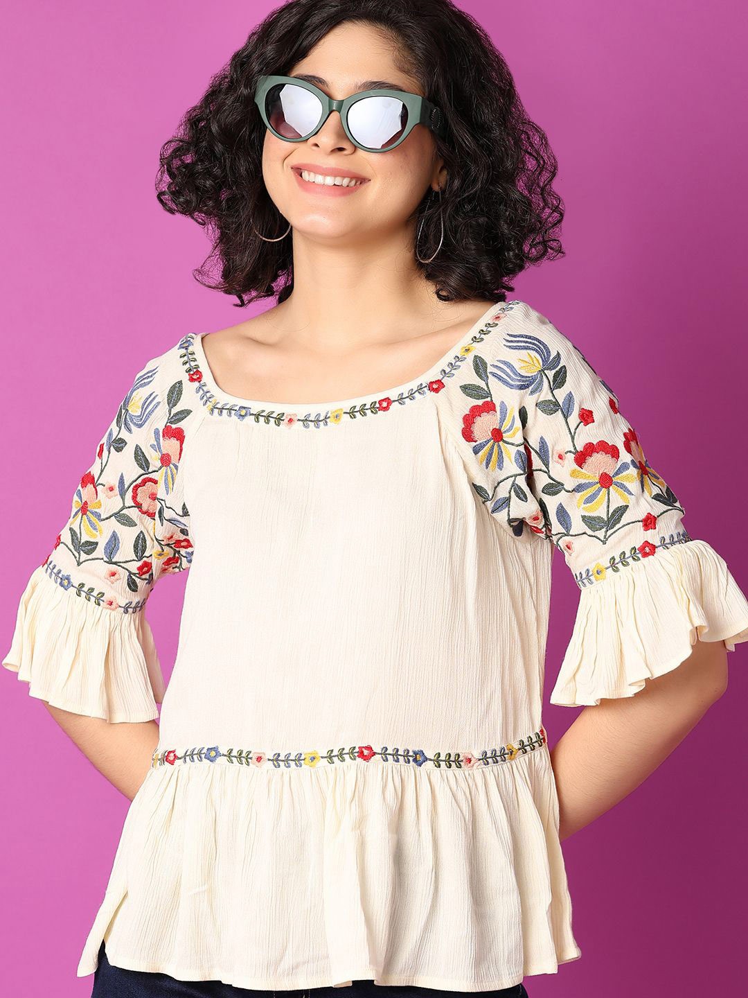 

UNLIMITED Women Solid Round Neck Cotton Top, Off white