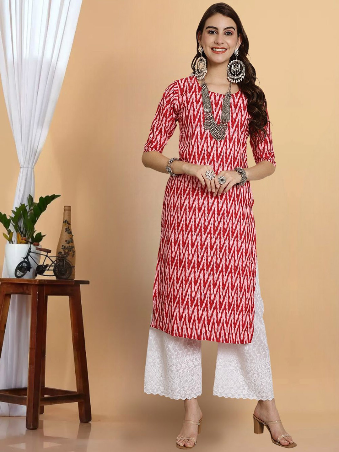 

7Threads Chevron Printed Straight Kurta, Red