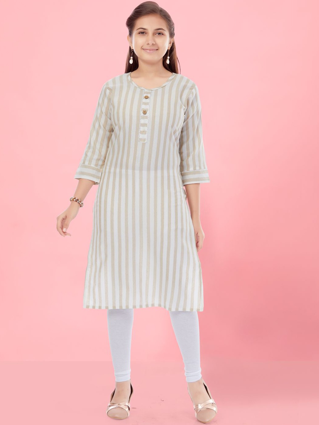 

BAESD Girls Striped Flared Sleeves Thread Work Pathani Kurta, Cream