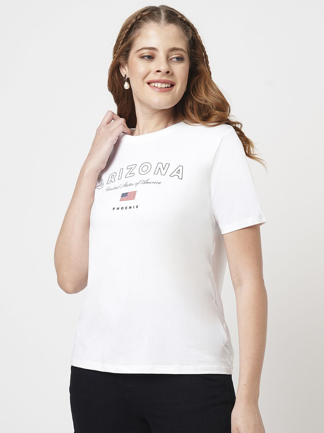 

Kraus Jeans Women Typography High Neck Extended Sleeves Slim Fit T-shirt, White