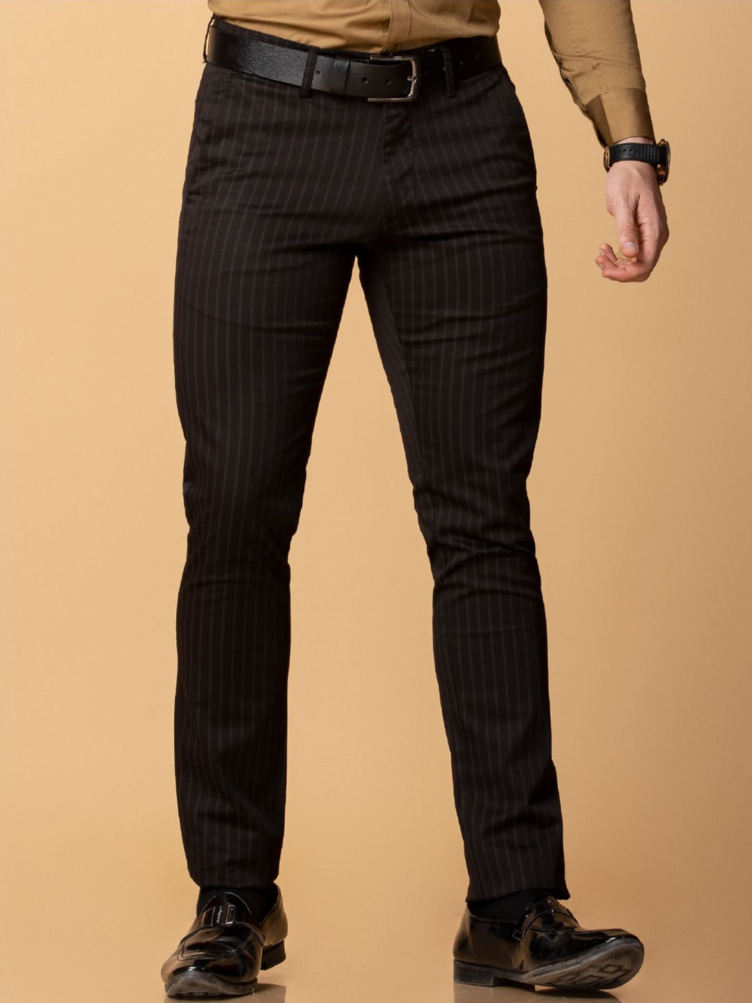 

Berkshire Men Striped Smart Slim Fit Easy Wash Trousers, Black