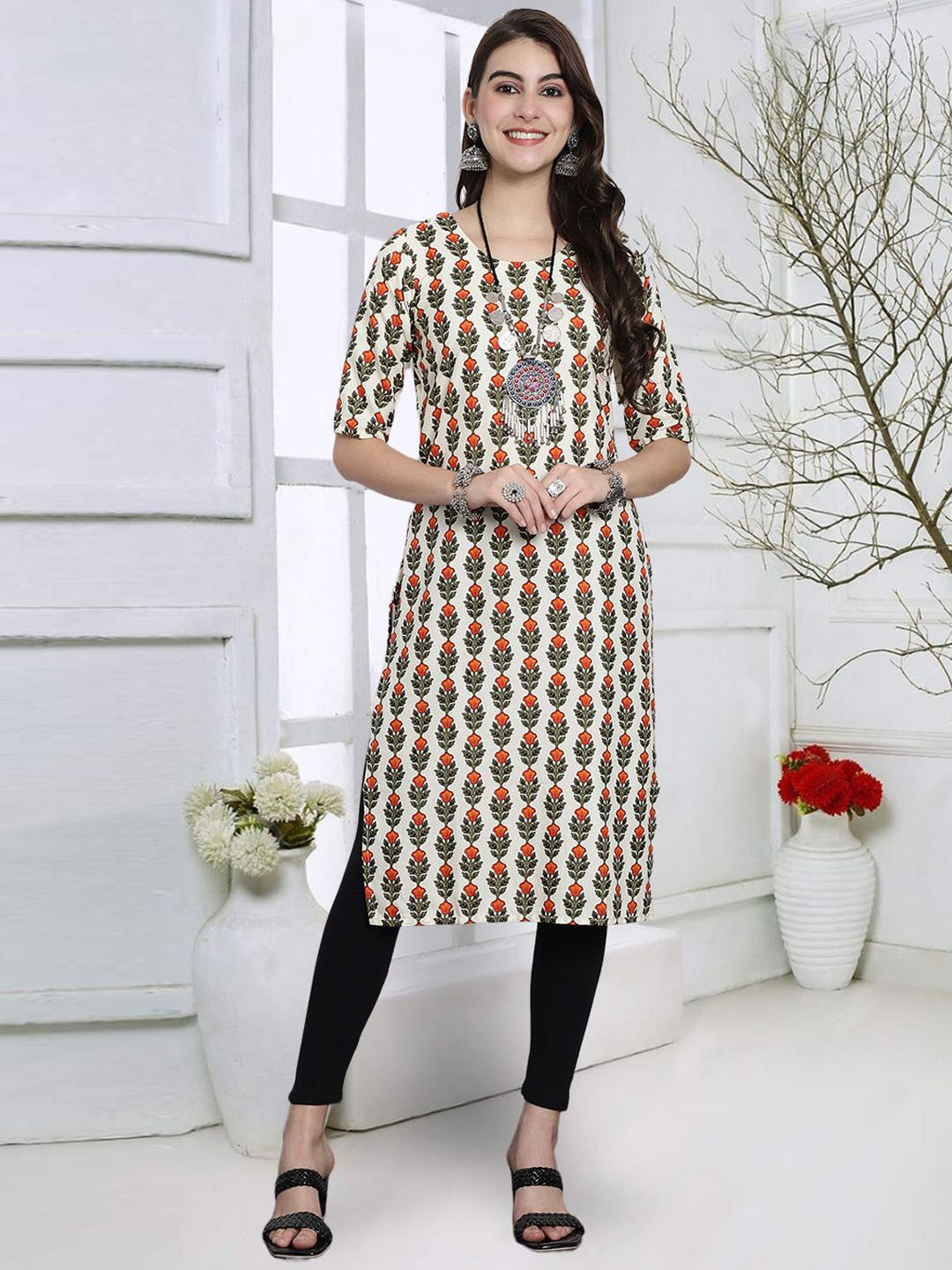 

KALINI Floral Printed Round Neck Straight Kurta, Beige